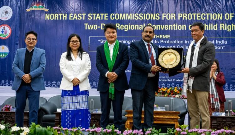 Arunachal Pradesh Chief Minister Pema Khandu speaking at the Northeast State Commissions for Protection of Child Rights Convention in Tawang.